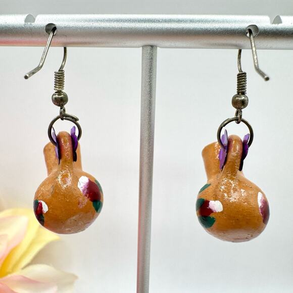 Handmade Hand Painted Clay Pot Dangle Earrings Folk Art Whimsical Floral Sequins - Picture 7 of 9
